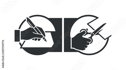 Tableau sur toile A minimalist icon set featuring a hand writing with a pen and a hand cutting with scissors