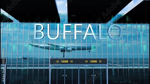Airlane landing at Buffalo, USA. Arrival in the city with reflection of airport and aircraft