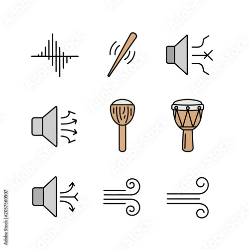 Acoustics and sound icon set, audio speaker volume levels, sound waves, wind blowing, and traditional percussion drums vector illustration