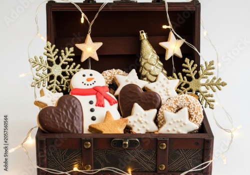 Festive Christmas Cookies Including a Snowman and Hearts Overflowing From an Antique Treasure Chest with Twinkling Lights