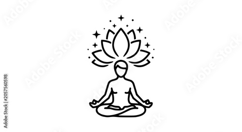Schilderij op canvas Meditating person with lotus flower crown and stars, symbol of serenity and enli