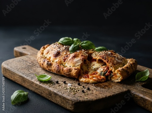 Golden baked calzone stuffed with cheese and herbs served on a rustic wooden board