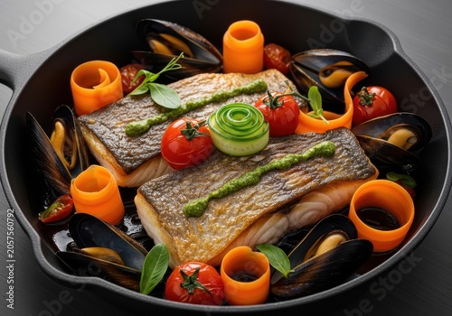 Gourmet Pan-Seared Fish Fillets with Mussels, Tomatoes, and Fresh Vegetables in a Black Skillet