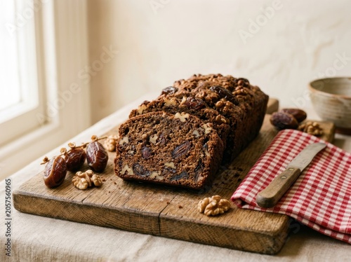 Hearty Date and Nut Loaf Cake Sliced on Wooden Board with Walnuts and Dried Dates