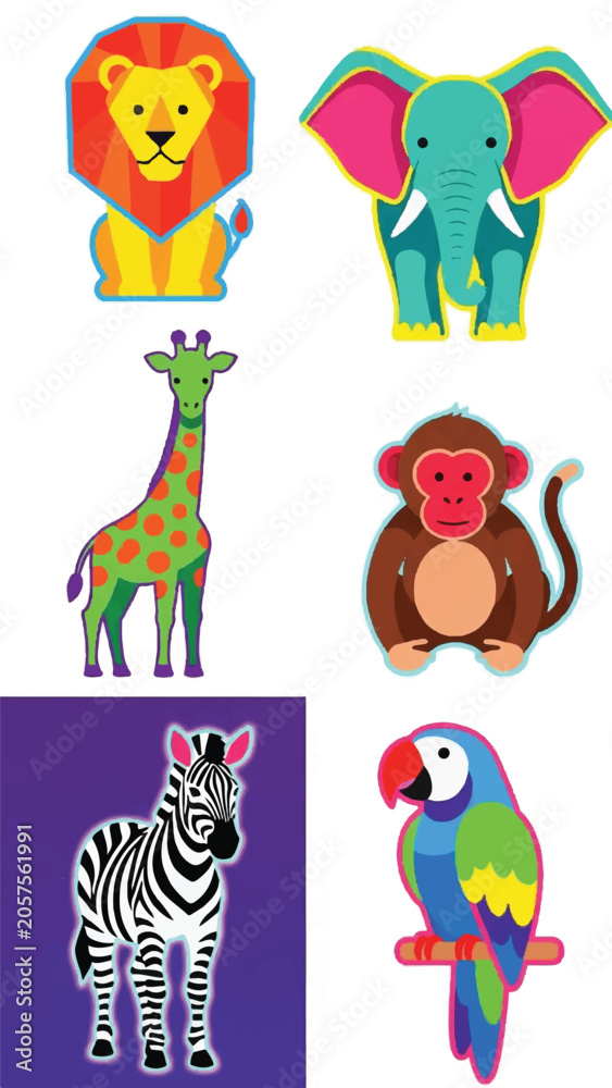 Naklejka premium Whimsical illustrated animals including lion, elephant, giraffe, monkey, zebra, and parrot.