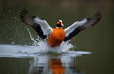 Orange shelduck bird lands on water creating big splash. Wings spread wide displaying black and white feathers. Bird body reflects on calm water surface.