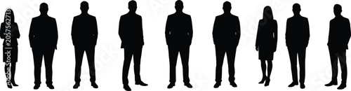 Business team silhouettes vector illustration, professional men and women in formal suits, corporate office workers standing together, teamwork and leadership concept