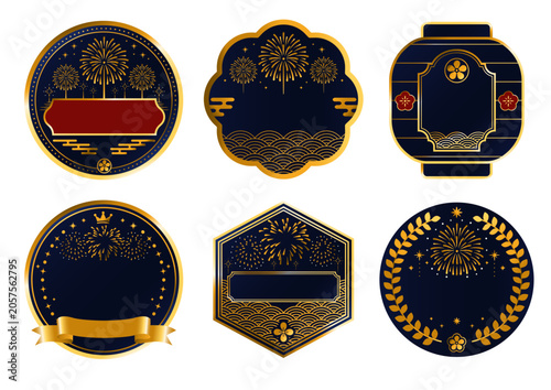 Japanese Summer Festival Gold Blank Badge Collection Set with Fireworks Wave Pattern on Navy Blue Vector Template