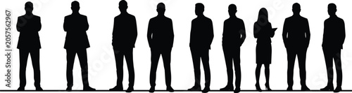 Business people silhouettes vector illustration, corporate men and women standing together in formal suits, teamwork, leadership, office staff, company success concept