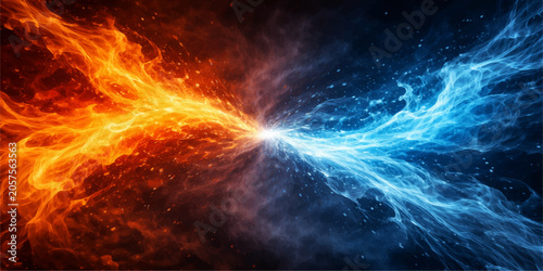 Elemental Fire and Ice Collision: Explosive energy clash background with blazing flames and frozen power