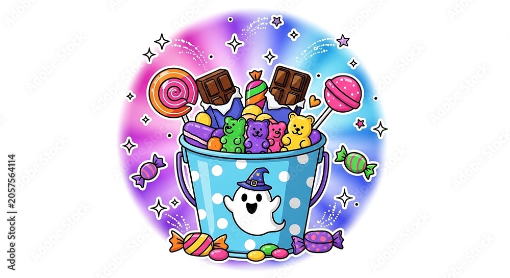 Naklejka premium Colorful Halloween Trick or Treat Bucket Full of Sweets and Candy.