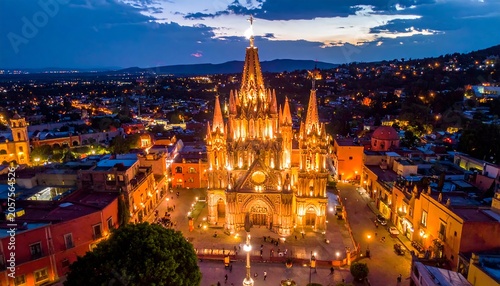 Illuminated Gothic Church Glowing at Dusk in Historic City Center