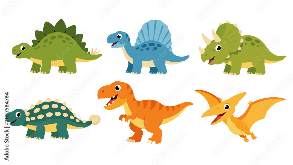 Obraz premium Cute cartoon dinosaur set with six colorful prehistoric animals