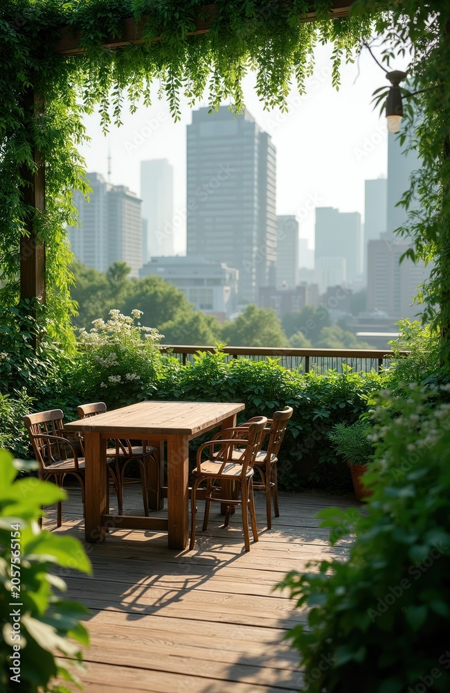 Fototapeta premium Rooftop terrace with wooden table and chairs overlooks city skyline. Lush greenery surrounds outdoor dining area. Urban oasis provides tranquil escape with garden plants and tall buildings.