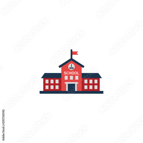 Red School Building With Flag.