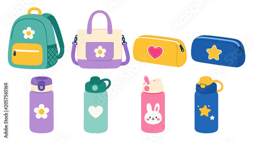 Obraz na plátně Colorful school bags, pencil cases and water bottles set