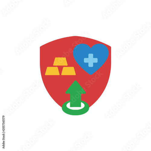 Red shield emblem with gold bars, heart symbol, and upward arrow.