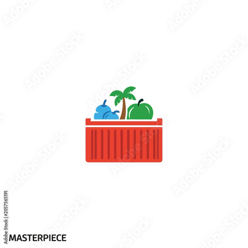 Red shipping container with palm tree.