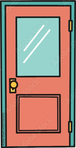 Red door with glass panel.