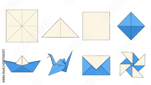 Origami folding steps and paper shapes vector set