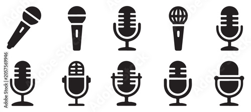 Canvas Print Retro condenser microphone icons depicting classic studio equipment for vintage broadcasting art