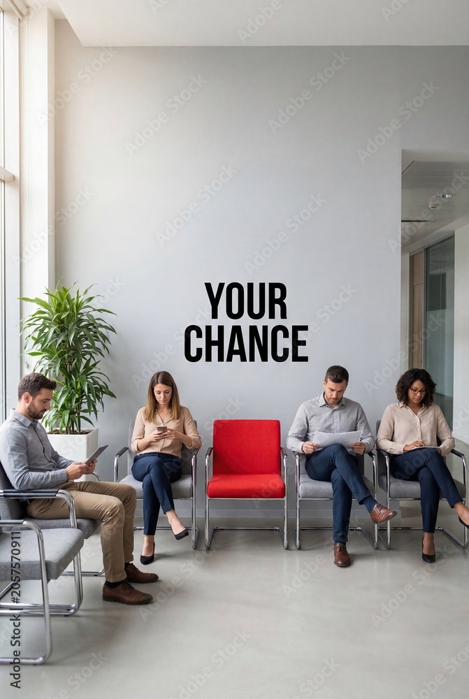 Fototapeta premium Your chance concept with red chair in waiting room interview