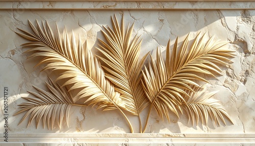 Elegant Golden Palm Fronds on Marble Textured Background.