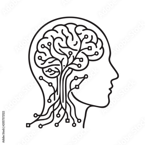 Human Profile with Brain Neural Network and Tree Root Line Art Vector