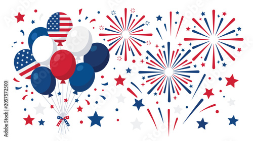 Patriotic Balloon and Fireworks Flat Vector Illustration