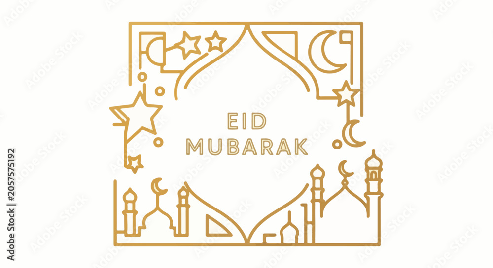 Obraz premium Gold line art frame with mosques, moons, stars, and 