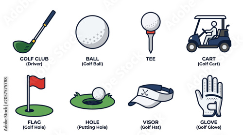 Valokuva Colorful Golf Equipment and Accessories Illustration Set.