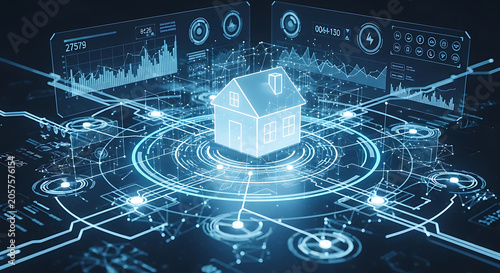 Digital smart home technology interface with glowing house icon and advanced data analytics automation system