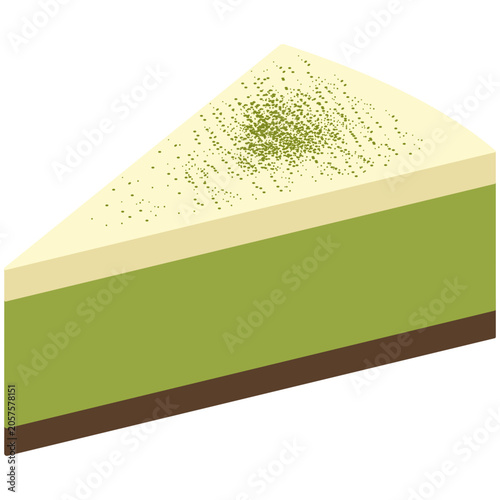 Delicious slice of green tea matcha cake with cream topping isolated on white background.