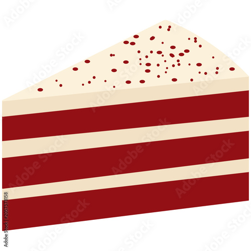 Elegant slice of red velvet layer cake with white cream cheese frosting isolated background.