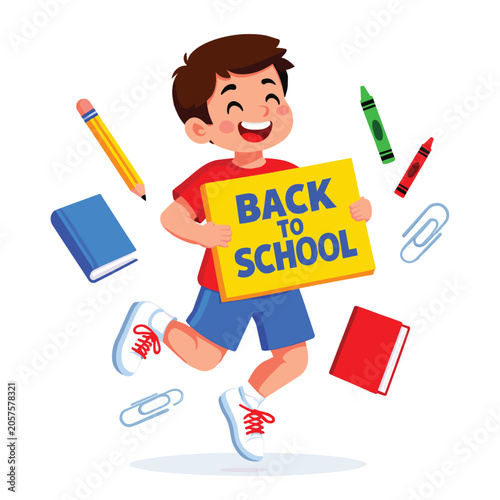Happy School Boy Holding Back to School Sign