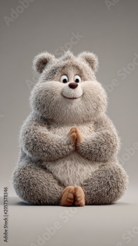 Cute Fluffy Bear Character Sitting In Calm Meditation Pose