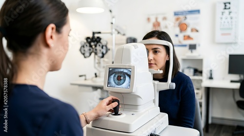 Young woman undergoing an eye examination with an optometrist using digital diagnostic equipment showing a close up eye on screen in a modern clinic, concept of optical vision test and eye care 