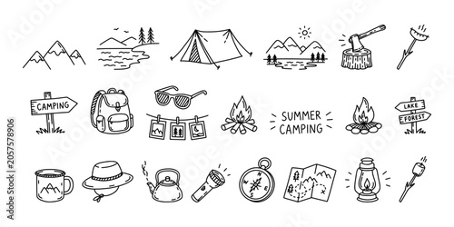 Summer camping doodle vector icon set. Hand drawn outdoor adventure elements including tent, bonfire, backpack, map, compass, mountains, and forest signs. Outline illustrations for hiking, traveling.