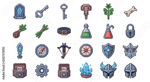 Konstfotografi A diverse set of twenty-four fantasy game icons featuring weapons, armor, potions, and equipment in a clean, colorful pixel art style
