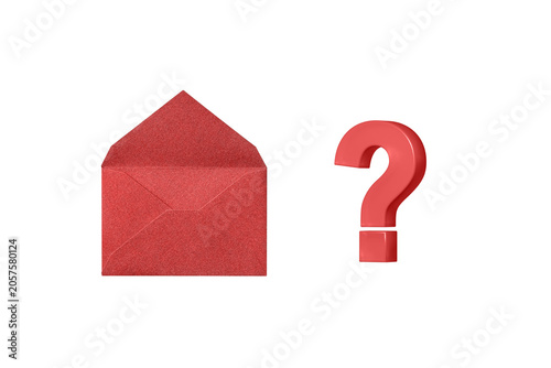 An open red glitter envelope is next to a red 3D question mark.