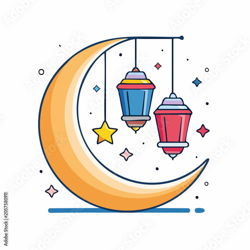Crescent moon with hanging lanterns and stars, flat design