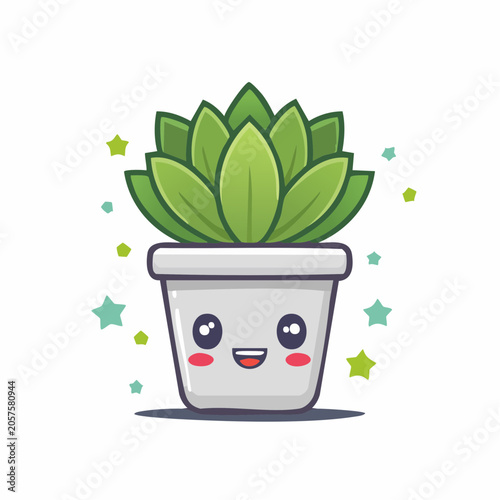 Cute kawaii potted succulent plant with happy face and stars