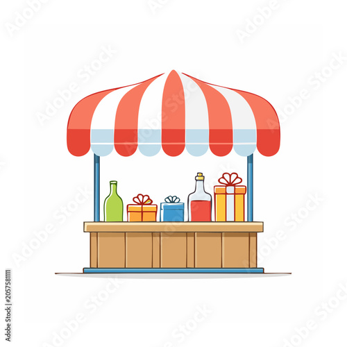 Flat design market stall with gifts and bottles