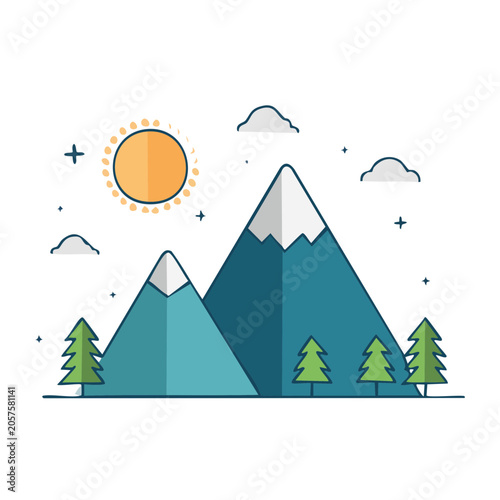 Flat design mountain landscape with sun and trees