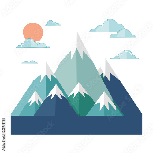 Flat design mountain peak with sun and snow