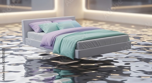 Flooded bedroom with modern bed and colorful bedding interior