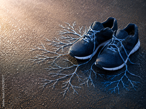 Running shoes with unfurled laces forming neuron patterns, exercise and neuroprotection concept