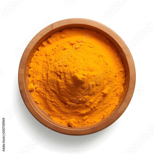 Top-down view of vibrant premium turmeric powder in a small wooden bowl isolated on a pure white background.