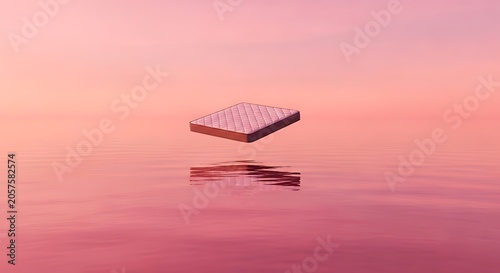 A mattress floats on calm water at sunset with peaceful reflection