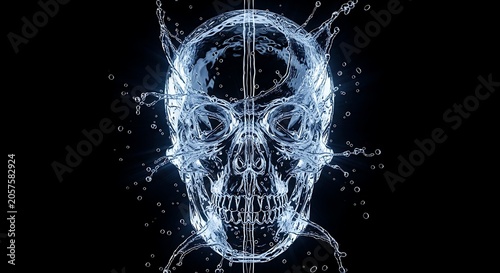 Glowing blue skull illustration appears on a dark background with sparks